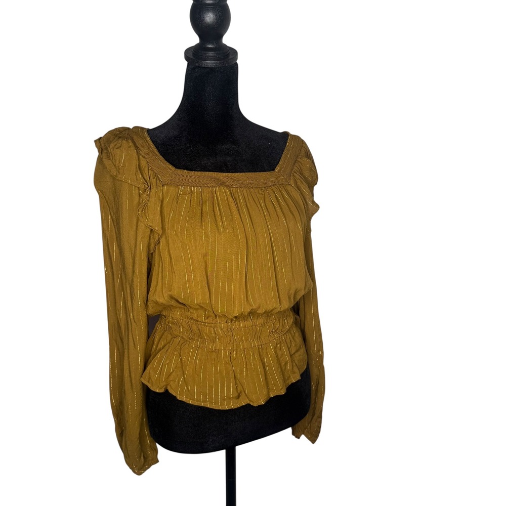 Metallic Stripe Smocked Blouse Top Size S Ruffle Peplum Cottagecore Boho Gold